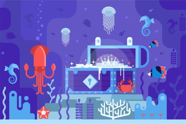 海底世界金箱宝藏矢量插画 Underwater Treasure Gold Chest on Seabed
