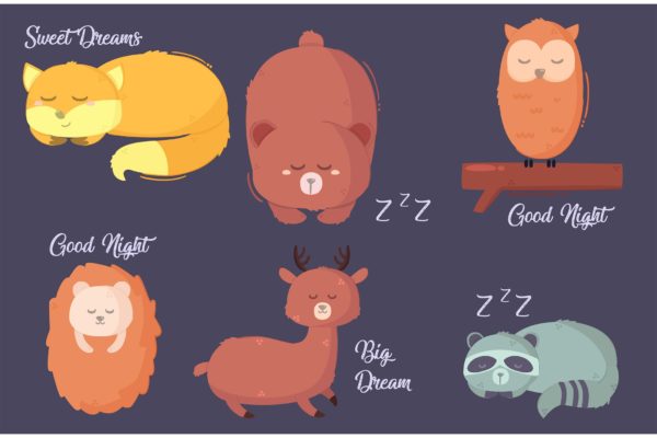 睡眠动物矢量插画 Sleeping Animals Illustration