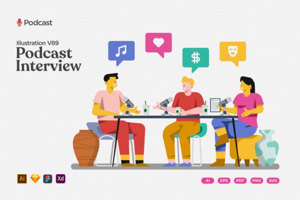 采访频道播客矢量插画 Podcast Illustration – Interview Channel