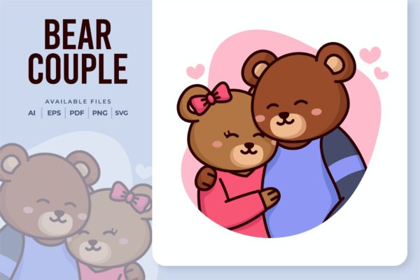 可爱的情侣小熊动物插画v5 Bear Couple Illustration