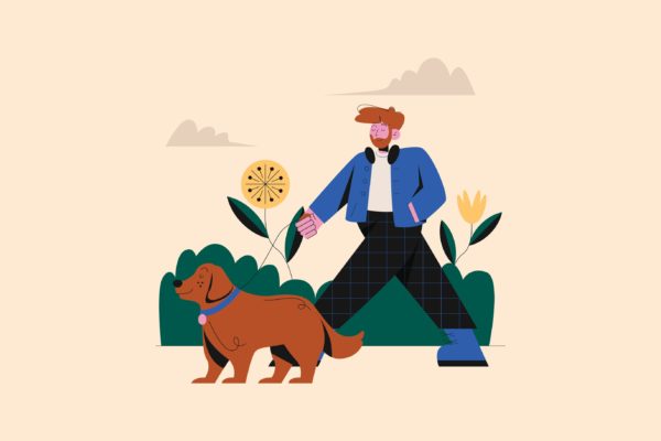 公园遛狗场景矢量插画素材 Walking with Dog in Park Illustration