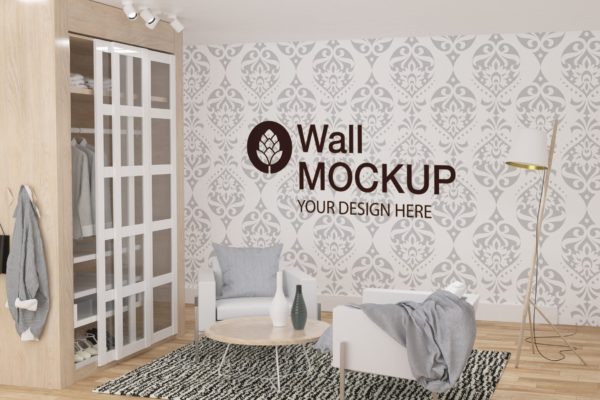 卧室墙壁涂鸦作品展示样机 Wall Mockup in Bedroom