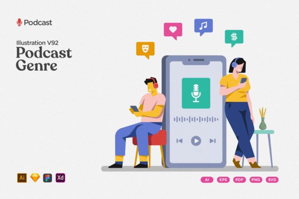 流行类型和主题播客矢量插画 Podcast Illustration – Popular Genre & Topics