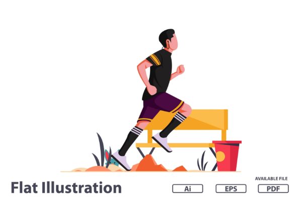跑步男孩扁平设计矢量插画 Boy Running and Hearing Flat Illustration