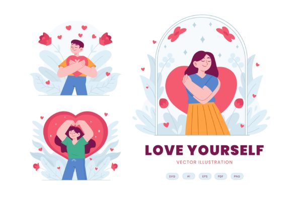 爱自己概念扁平插画素材 Love Yourself Esteem Flat Concept Illustration