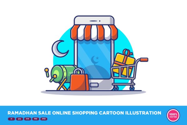 斋月元素网上购物卡通插画 Ramadhan Sale Online Shopping Cartoon Illustration
