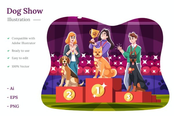 领奖台小狗动物矢量插画 Dog Show Illustration