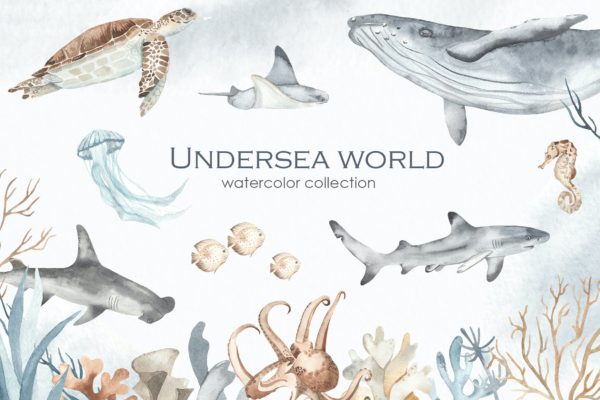 海底世界水彩剪贴画 Undersea world Watercolor