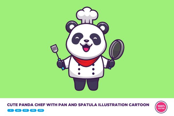 可爱的厨师熊猫插画素材 Cute Panda Chef With Pan And Spatula Illustration