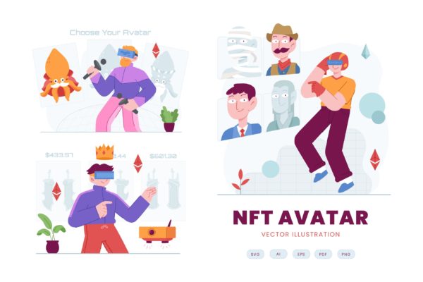数字3D NFT头像扁平概念插画 Digital 3D NFT Avatar Flat Concept Illustration