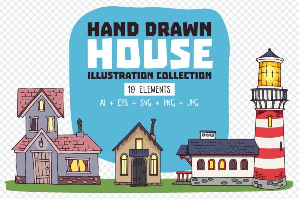 手绘房屋矢量插画套装 Hand Drawn Houses Illustration Collection