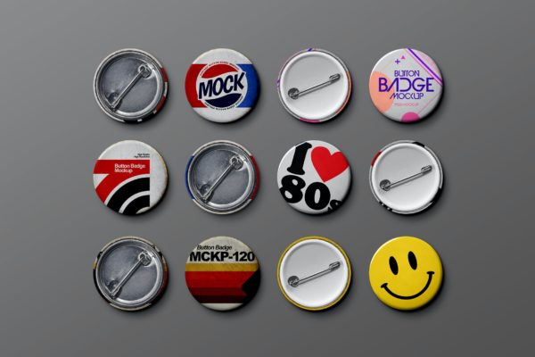 复古金属塑料纽扣徽章样机套装 Button Badge Mockup Set Vintage Metal Plastic