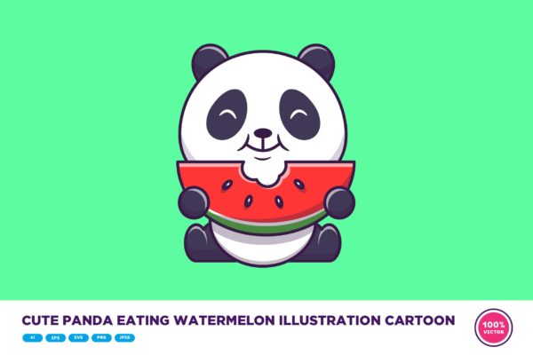 可爱的西瓜熊猫卡通插画 Cute Panda Eating Watermelon Illustration Cartoon