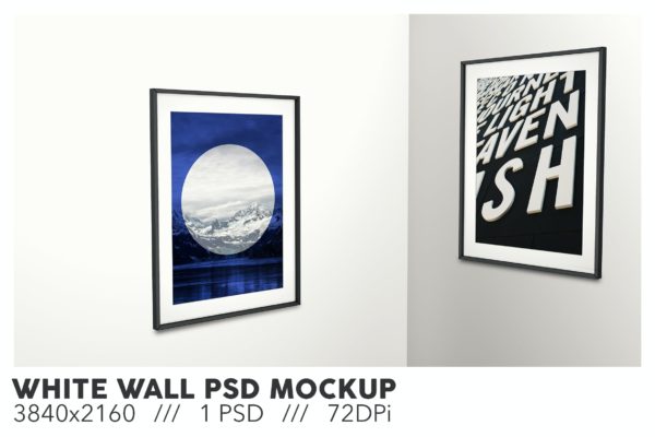白墙黑色框架作品展示PSD样机素材 White Wall PSD Mockup