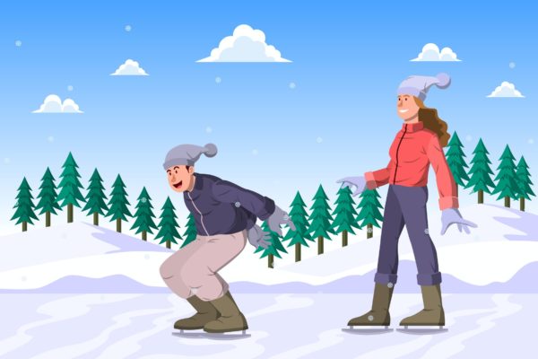 溜冰冬季户外活动矢量插画 Ice Skating – Winter Activity Illustration