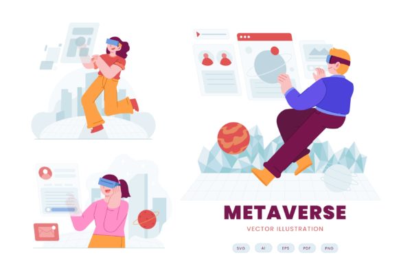 数字3D元宇宙扁平概念插画 Digital 3D Metaverse Flat Concept Illustration
