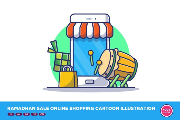 斋月元素网上购物销售卡通插画 Ramadhan Sale Online Shopping Illustration Cartoon