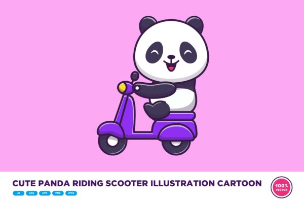 可爱的摩托车熊猫卡通插画 Cute Panda Riding Scooter Illustration Cartoon