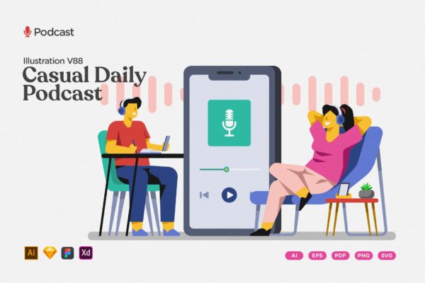 日常休闲话题播客矢量插画 Podcast Illustration – Casual Daily Topics