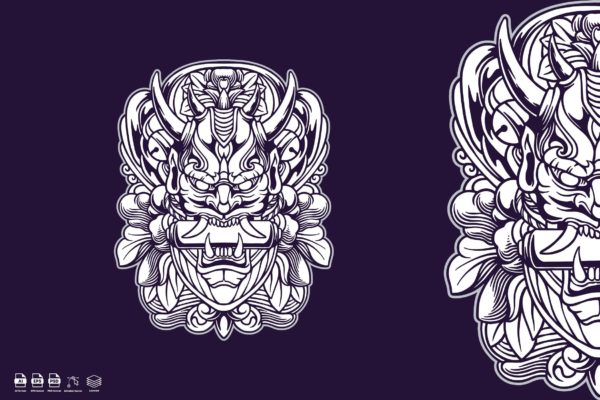 恶魔面具复古矢量插画 Oni Mask Vintage Illustration vector