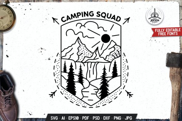野营线条艺术徽章神圣几何素材 Camping Squad Line Art Badge Sacred Geometry