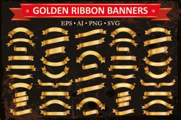 金色丝带横幅矢量素材集 Golden Ribbon Banners Vector Set,  44 Elements