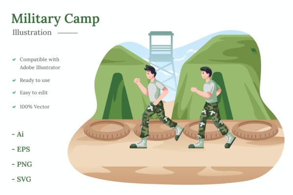 军队军营矢量插画 Military Camp Illustration