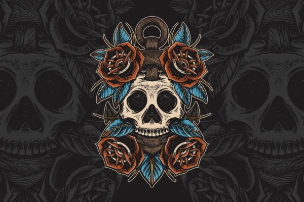 手绘矢量骷髅锚花朵素材 Hand-Drawn Vector Skull Anchor Flower