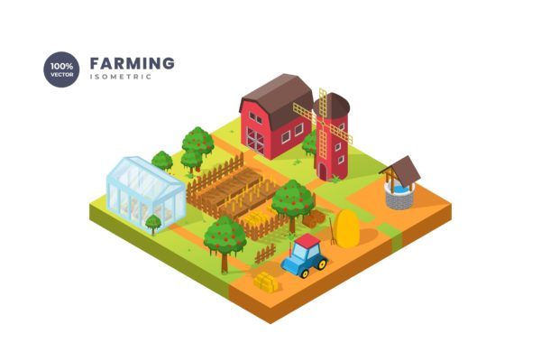 农场等距矢量插画 Farm Isometric Illustration
