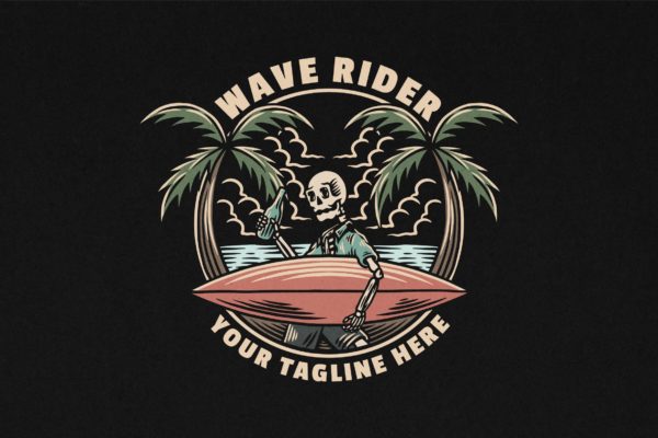 骷髅人冲浪复古Logo插画 Wave Rider Surfing Vintage Logo Illustration