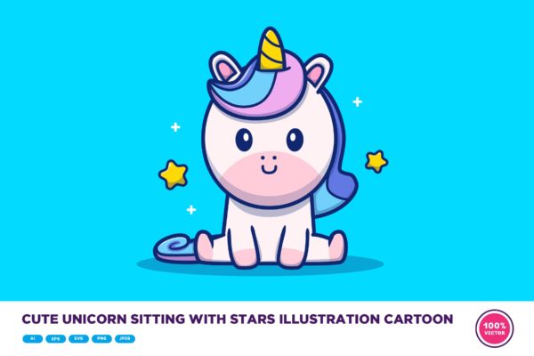 可爱的星星独角兽插画素材 Cute Unicorn Sitting With Stars Illustration