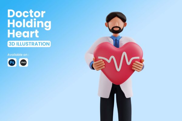 手捧爱心医生3D插画素材 Doctor holding Heart 3D Illustration
