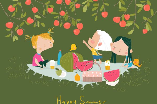 苹果树下野餐儿童卡通矢量插画 Happy children having picnic under apple tree.