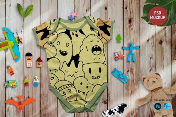 玩具元素背景婴儿服装设计样机素材 Baby Clothes Mockup