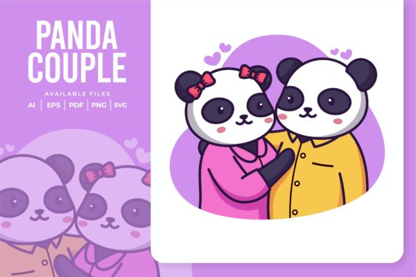 情侣熊猫动画矢量插画素材v2 Panda Couple Illustration