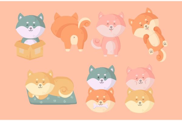 日本柴犬小狗卡通插画 Japanese Dog Illustration Set Shiba Inu