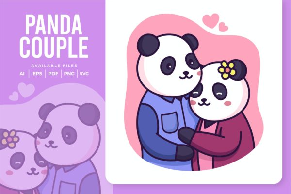 情侣熊猫动画矢量插画素材v1 Panda Couple Illustration
