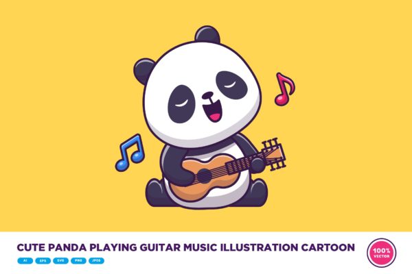 可爱的弹吉他熊猫插画素材 Cute Panda Playing Guitar Music Illustration