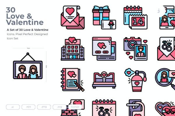 30个爱情和情人节矢量图标 30 Love and Valentine Icons
