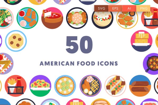 50枚美国食物主题圆形彩色图标素材 50 American Food Icons