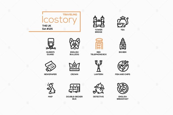 英国元素现代线条设计风格图标集 The UK – modern line design style icons set