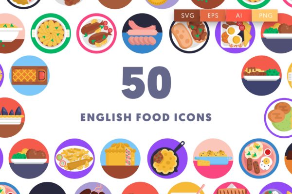 50枚英国食物主题圆形彩色图标素材 50 English Food Icons