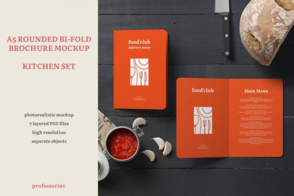 厨桌背景A5圆角双折小册子设计样机素材 A5 Rounded Bi-Fold Brochure Mockup — Kitchen Set