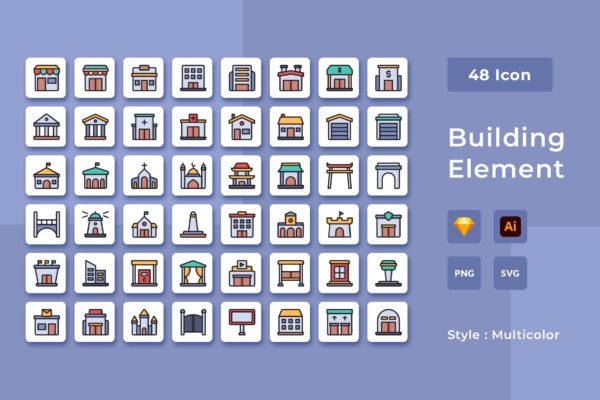 48枚多彩风格建筑元素图标包 48 Building Element Multicolor Style Icon Pack