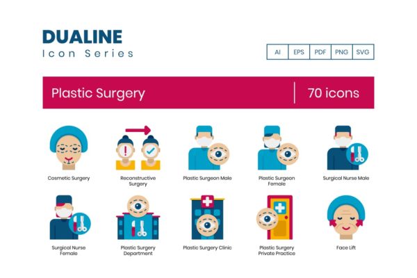 70枚双平面系列整容手术图标素材 70 Plastic Surgery Icons – Dualine Flat Series