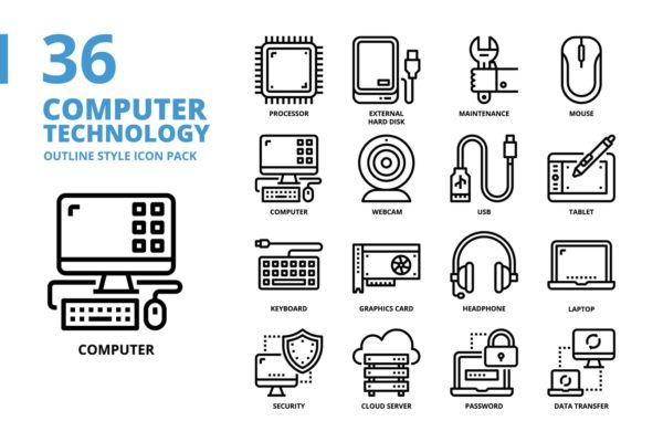 计算机技术主题轮廓样式图标集 Computer Technology Outline style icon set
