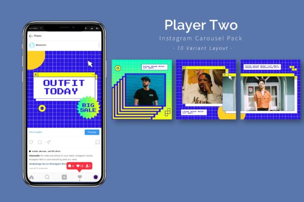 复古像素风格Instagram信息流贴图设计模板 Player Two – Instagram Carousel Pack