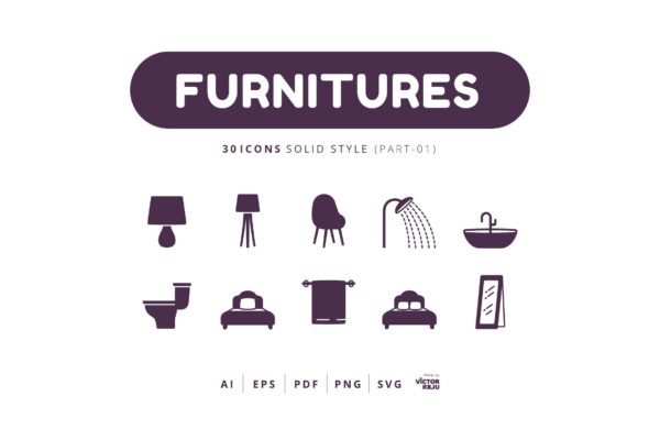 30枚实体风格家具图标素材v1 30 Icons Furnitures Part-01Solid Style