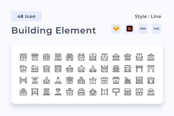 48枚线条风格建筑元素图标包 48 Building Element Line Style Icon Pack