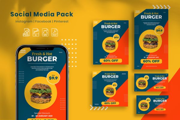 汉堡食品社交广告图设计模板套装 Burger – Social Media Pack